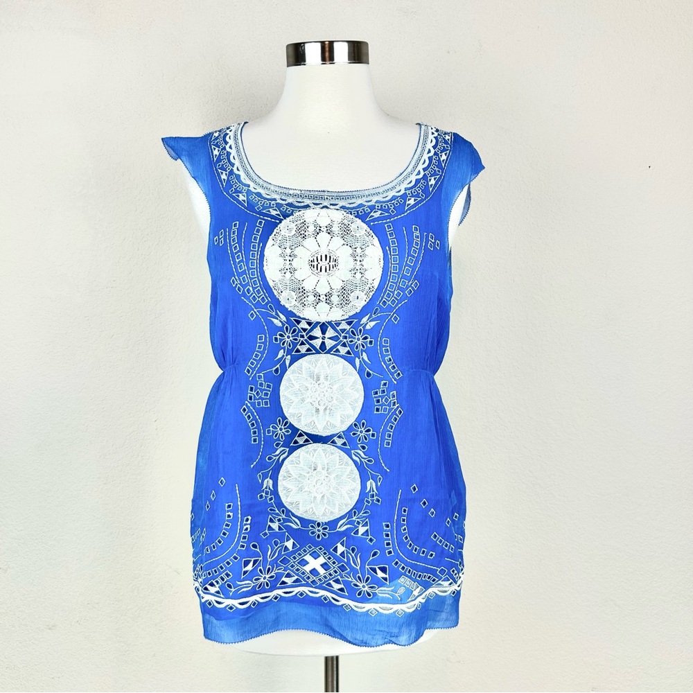 Calypso St. Barth Blue & White Embroidered Lightweight Sleeveless Top/Blouse